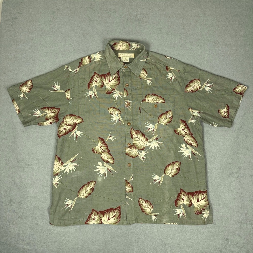 Vintage Island Republic‎ Silk Hawaiian Shirt Bird of Paradise Leaf Green XL